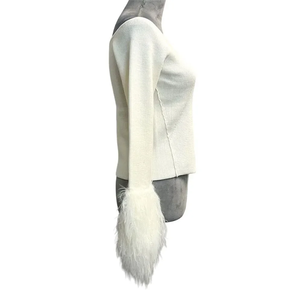 Free People Marilyn Pullover Ivory Sweater L Furry Cuffs Boho Hippie Fall Cozy
